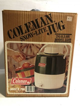Vintage Coleman Snow Lite 2 Gallon Jug Green White In Org Box Water Cooler
