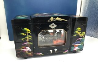 Vintage Black Lacquer Oriental Musical Jewelry Box 2