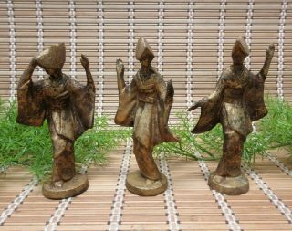 Asian Japanese Geisha Dancer Figurines Set Of 3 Gold Leaf Cast Iron Collectible