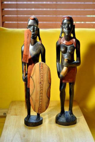 Hand Carved Ebony? Wood African Tribal Man Sword Shield Woman Pair 18 " Tall