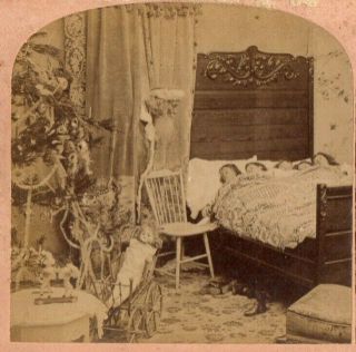 1897 Santa Checks On Sleeping Children,  Christmas Eve.  Kilburn Stereoview Photo