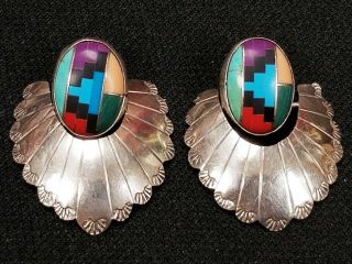Vintage Native American Zuni Inlay Sterling Silver Stamped Concho Earrings 1.  5 "