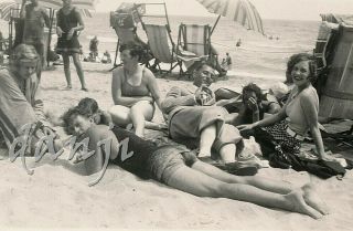 Swimsuit Young Man With Feet Lying On The Beach With Pretty Girls Old Photo