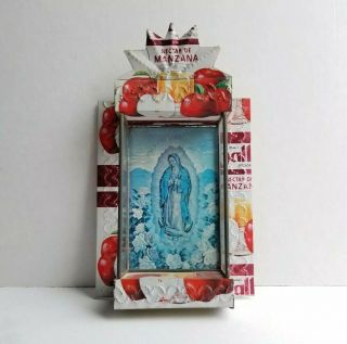 Virgin Mary Mexico Juice Punched Tin Nicho Folk Art Icon Religious Shrine Shelf