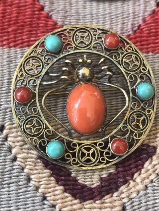 A,  Vintage Coral Turquoise & Gilt Silver Asian Chinese Spider Pin Brooch