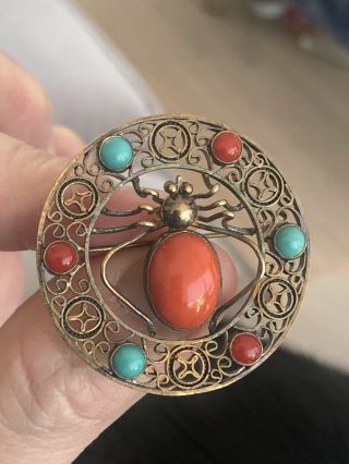 A,  Vintage Coral Turquoise & Gilt Silver Asian Chinese Spider Pin Brooch 3