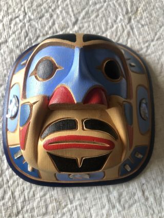 Vintage Moon Mask Hand Carved Wood With Shells Signed Josh George 5 - 3/4” Sq.