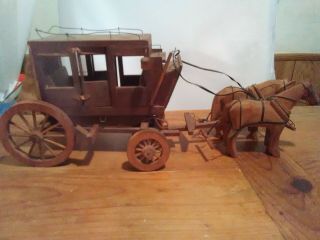 Vintage Wood Stage Coach With Hand Carved Horses