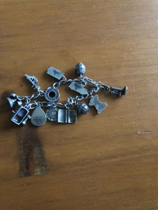 Vintage Sterling Silver Bell System Telephone Sales Charm Bracelet W/ 13 Charms