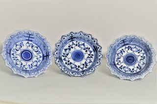 Vintage Thai Porcelain Blue,  White Pedestal Dishes Made In Thailand Set Of 3