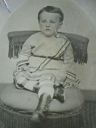 54659.  Ca 1875 Half Plate Tintype Photo Of Young Boy W/ Huge Head Wearing Dress