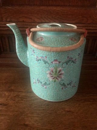 Vintage 7” Turquoise Floral Chinese Porcelain Tea Pot With Woven Rattan Handles