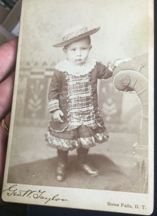 Adorable Ca.  1880 Sioux Falls,  Dakota Territory Cabinet Photo: Toddler Girl & Hat