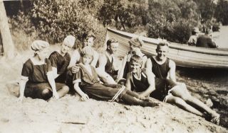 1915 Vintage Photo Group Of Young Ladies Men At Lake Beach In Bathing Swim Suits