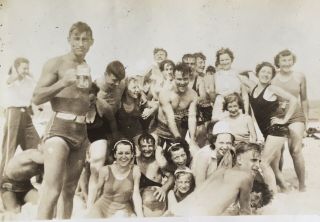 1936 Vtg Photo Boys Girls Swimsuit Poses Drink Beer At Beach Classic Americana