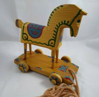 Hand Made Czechoslovakia Vintage Wooden Pull Horse On Wheels Toy