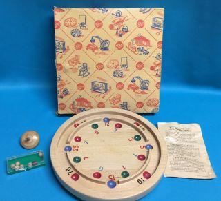 Vintage Kibri Wood Spinning Top Game West Germany Roulette W/ Instructions 1950s