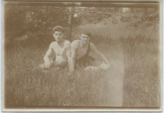 Vintage Photo.  Young Men In Swim Suits In Field Of Grass.  Gay Interest.