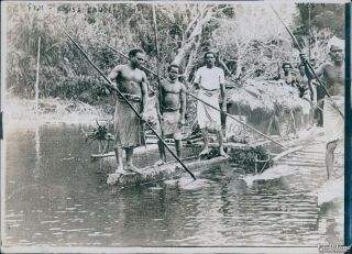 1917 Fiji Islands Native Men Stand On Boat With Long Poles Travel Photo 5x7
