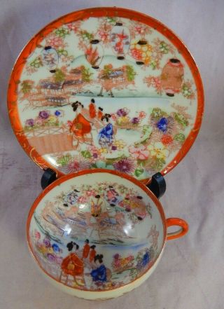 Antique Japanese Kutani Style Hand Painted Tea Cup & Saucer Geisha Gold Trim