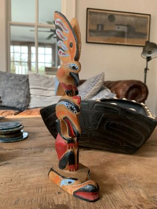 Vintage Northwest Coast Hand Carved Wooden Totem Pole Raven Wolf 11” Tall