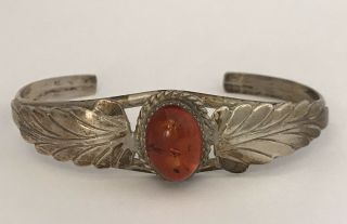 Vintage Sterling Silver Navajo Harry Spencer Baltic Amber Feather Cuff Bracelet