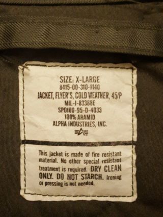 Flight Jacket Flyer ' s CWU - 45/P Vintage Size X - Large Sage Green.  See Pictures 2
