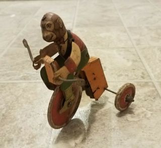 1930s Vintage Tin Litho Mechanical Wind - Up Monkey On Tricycle