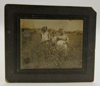 Vintage Black And White Matted Photograph Of Three Women Standing In A Field