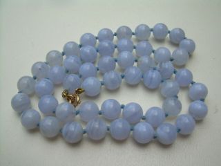 Vintage Blue Lace Agate Bead Necklace With 9ct Gold Clasp.