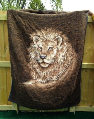 Vtg Vintage Biederlack Lion Head Blanket Reversible Made Usa Brown Throw King
