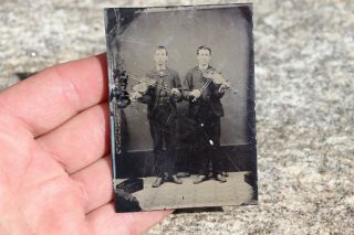 Tintype of Men Playing Violin & Antique Wooden Contact Printing Frame 5 X 4 6