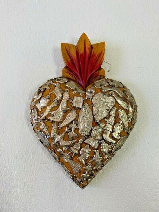 Hand Made Milagros Medium Wood Heart,  Hand Carved,  Painted,  Yellow 8 " X 5.  5 "