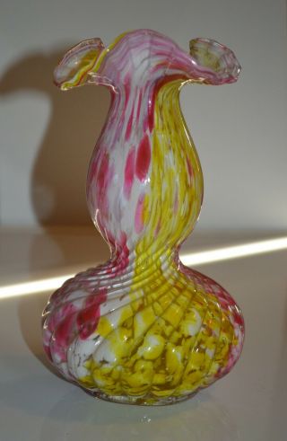 Rare Vintage Fenton? Legras? Pink Yellow Mottled Ruffled Swirl Art Glass Vase