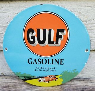 Old Vintage 1938 Dated Gulf Gasoline Porcelain Sign