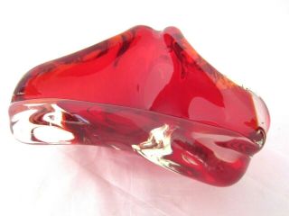 Great Vintage Cherry Red Murano Sommerso Lobed Triangle Art Glass Bowl,  Label