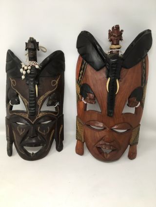 Vtg Jambo Kenya Hand Carved African Wood Mask Elephant Beads Tusks