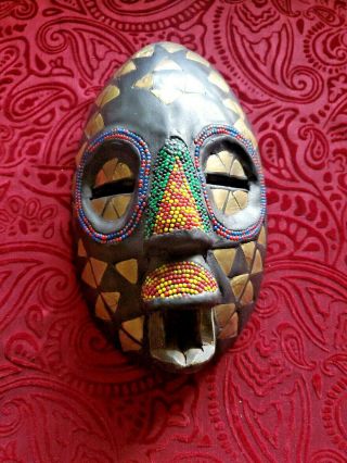 Vintage African Ghana Mask Face Hand Carved Wood Tin Beaded 12 " X 8  Dark Wood