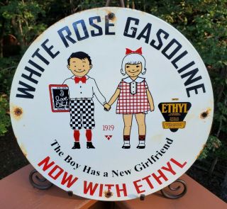 Vintage Old 1929 White Rose Gasoline Porcelain Gas Pump Sign With Ethyl