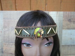 Native American Beaded Bone Leather Headband Copper Handcrafted Headdress