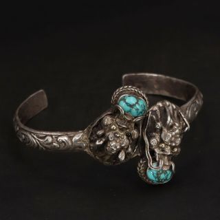 Vtg Sterling Silver - Chinese Export Turquoise Foo Dog 7 " Cuff Bracelet - 33g