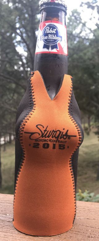 Sturgis Motorcycle Rally 2015 Boobs In Orange Shirt Zip Up Bottle Koozie