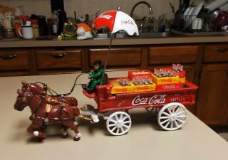 Vintage Cast Iron Coca - Cola Horse Drawn Delivery Carriage Wagon W/ Bottles