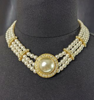 Lovely Vintage Jewellery Gold - Tone Rhinestones And Faux Pearl Necklace