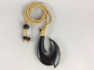 Hawaiian Fishhook Necklace Carved From Buffalo Horn X Large 3 " T Adjustable Cord