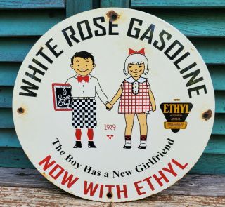 Old Vintage 1929 White Rose Gasoline With Ethyl Porcelain Gas Station Pump Sign