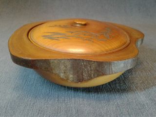 Vintage Japanese Turned Wood Bowl With Live Edge Bark & Carved Lid