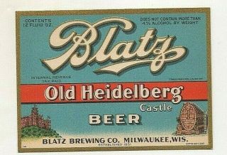 12oz Irtp Blatz Old Heidelberg Castle Beer Label Blatz Brew Co Milwaukee Wi 1935