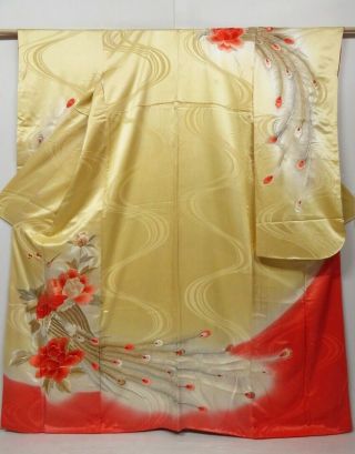 0906n05z1120 Vintage Japanese Kimono Silk Furisode Light Yellow Peacock Embroide