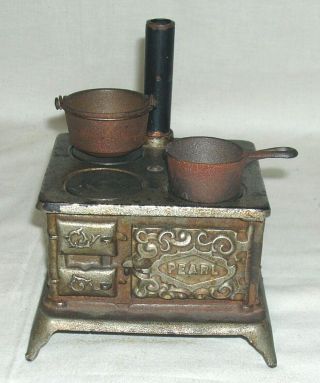 Vintage Cast Iron Pearl Miniature Toy Stove / Salesman Sample With Pots